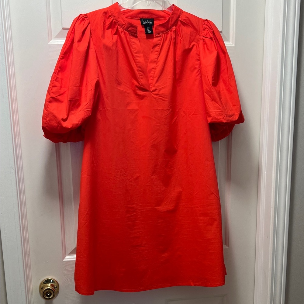 LOFT Bright Orange/Red Dress with Puff Sleeves